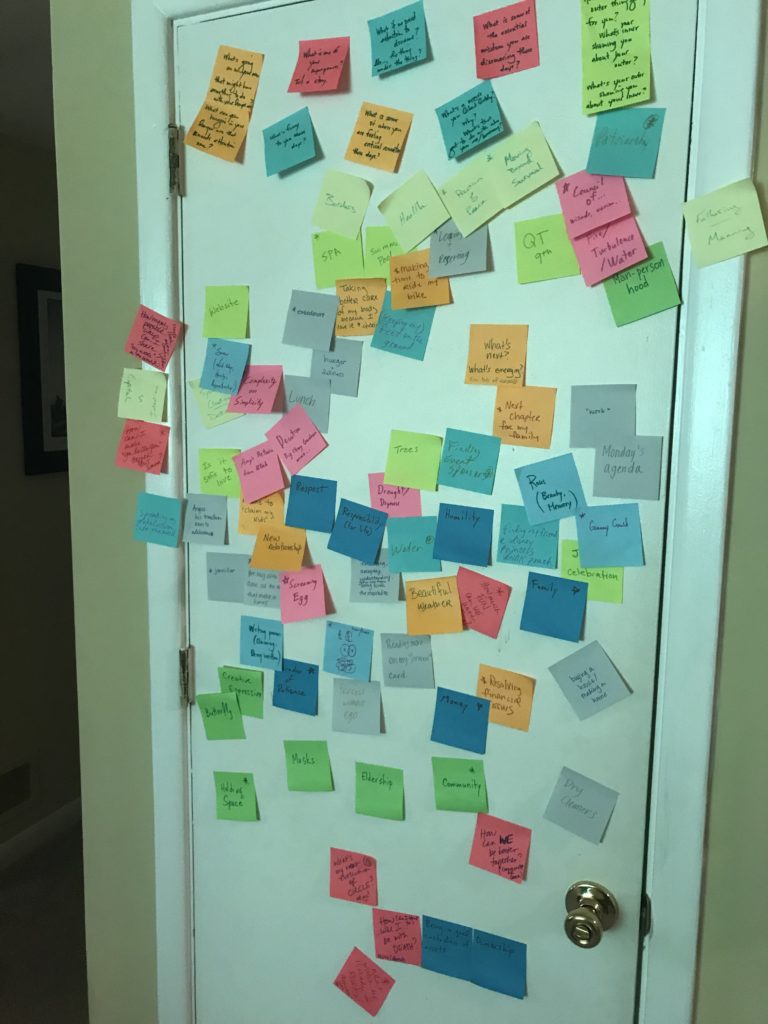 multicolor sticky notes with writing stuck to a white door in large cluster