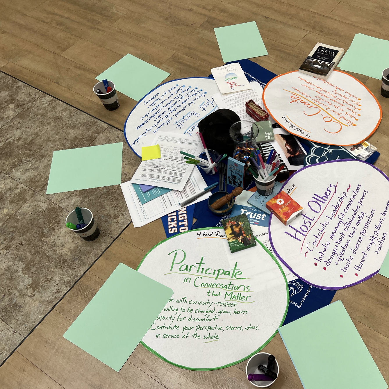 participative leadership activity paper with writing and items arranged in circle on wood floor near corner of a rug